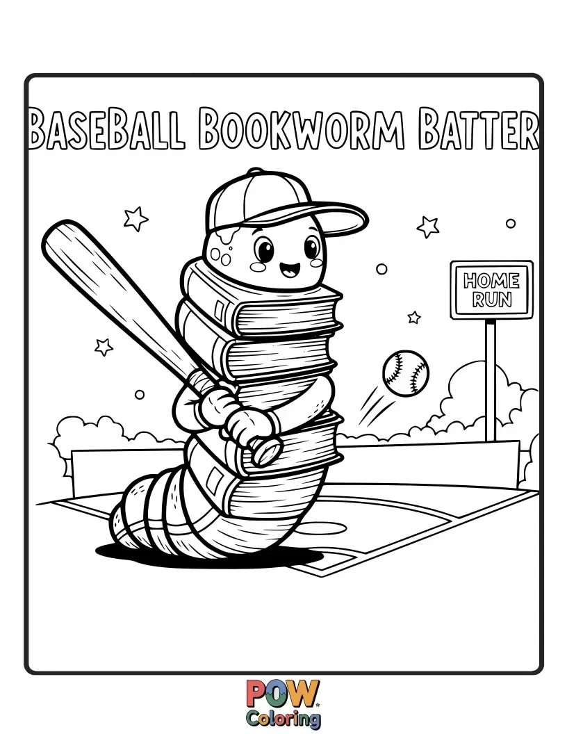 Free coloring page of An intelligent bookworm wearing glasses, engrossed in a baseball strategy book while holding a bat, ready to study the pitch.