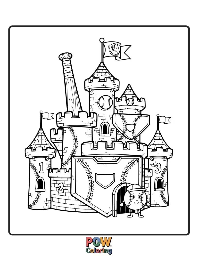 Free coloring page of A fantastical baseball field where the bases are miniature, decorated castles, and a brave knight is running towards home plate.
