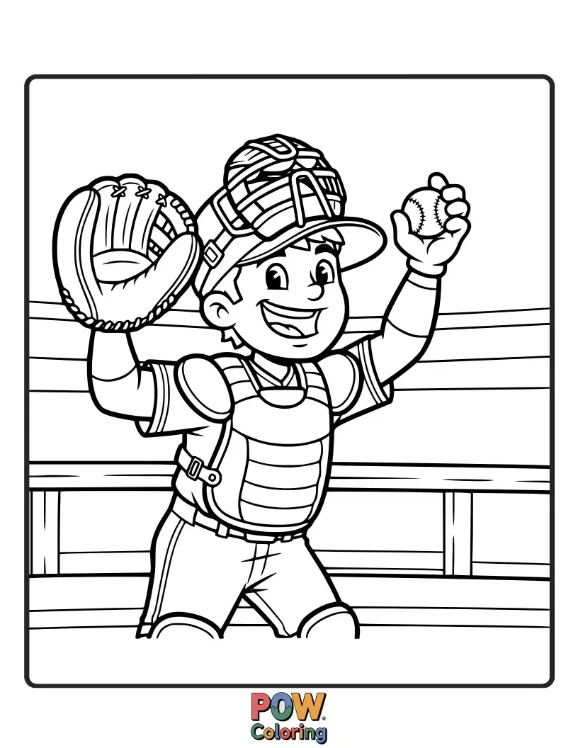 Free coloring page of A joyful catcher, wearing an oversized helmet, happily catching a rainbow-colored baseball, surrounded by confetti and cheering stars.