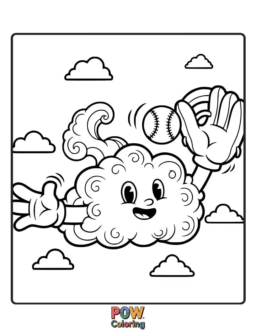 Free coloring page of A fluffy cloud wearing a baseball cap, gently catching a tiny star baseball as it floats down from the sky, looking serene.