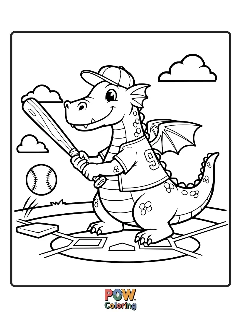 Free coloring page of A friendly, small dragon with smoke puffs, excitedly swinging a fiery baseball bat at a glowing ember baseball.