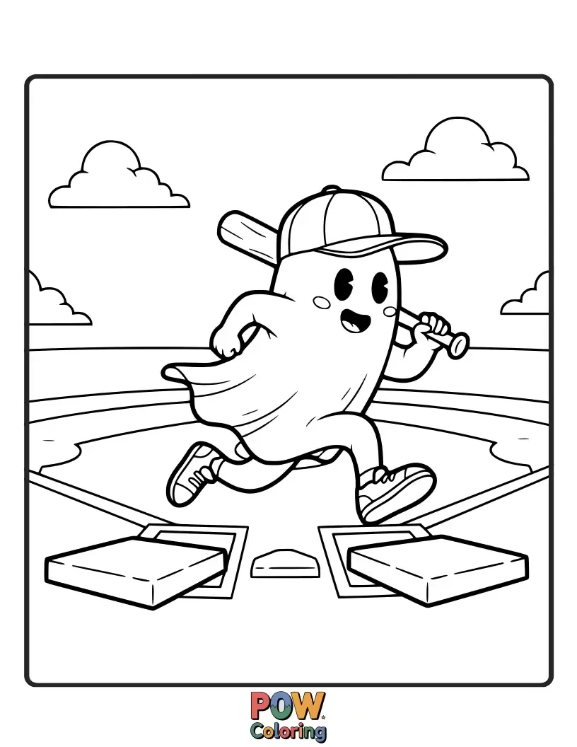 Free coloring page of A friendly, translucent ghost, happily floating around the bases, leaving a faint trail of ectoplasm as it runs.