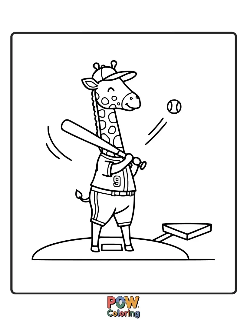Free coloring page of A tall, graceful giraffe wearing a baseball cap, humorously bending its long neck to take a swing at a high fly ball.