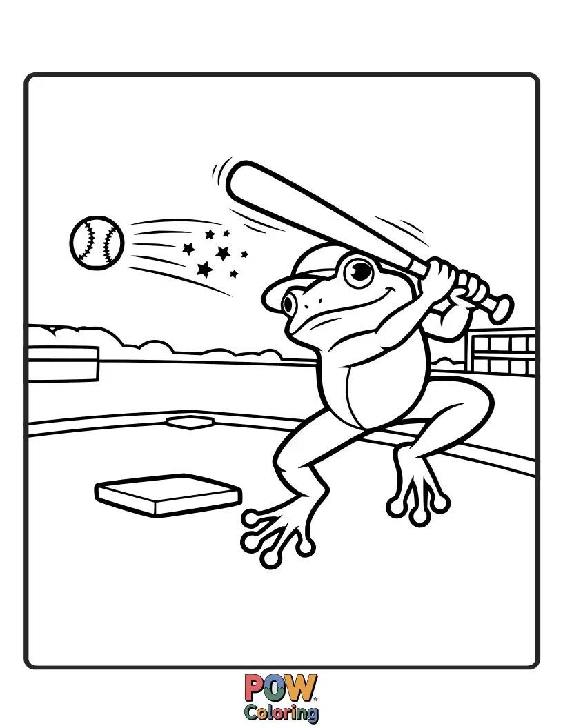 Free coloring page of A cool frog wearing sunglasses and a tiny baseball cap, triumphantly rounding the bases after hitting a home run with a lily pad bat.