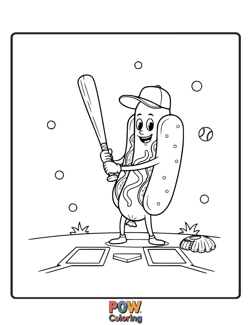 Free coloring page of A smiling hot dog in a bun, wearing a baseball cap, enthusiastically swinging a mustard-stained bun as a bat.