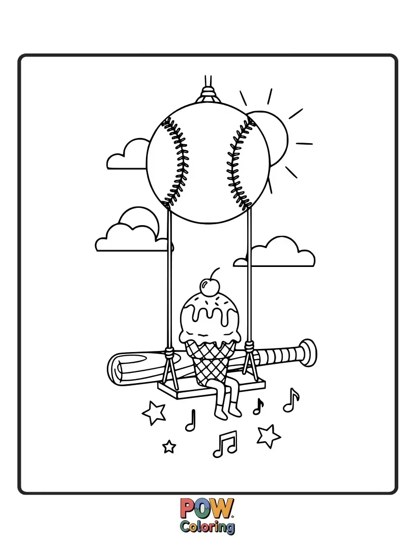 Free coloring page of A melting ice cream cone wearing a baseball helmet, enthusiastically swinging a cherry bat at a baseball made of a strawberry.