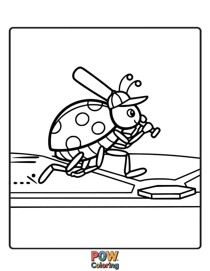 Free coloring page of A cute ladybug wearing a tiny baseball cap, hustling around the bases with determined spots and a cheerful smile.