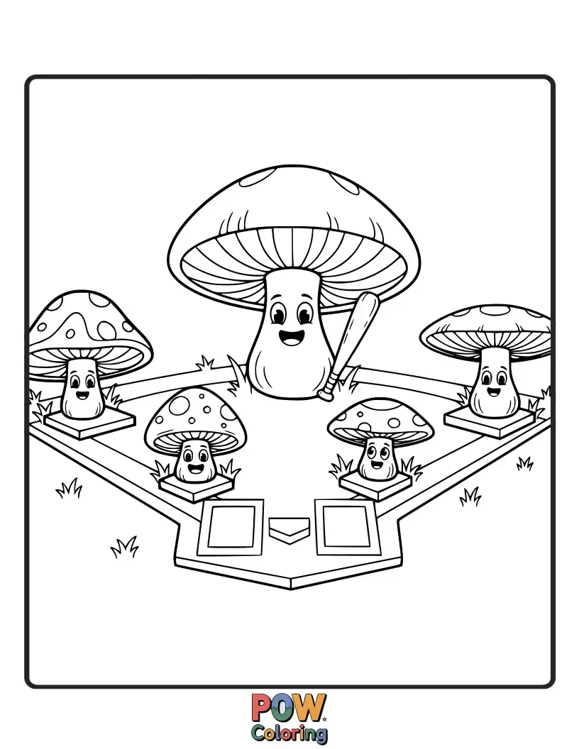 Free coloring page of A whimsical forest scene where colorful mushrooms serve as the bases, with a happy ladybug running towards home plate.