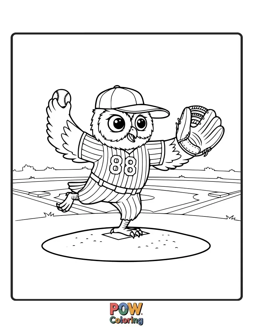 Free coloring page of A wise owl wearing a pitcher's glove, calmly pitching a moon-shaped baseball under a starry night sky.
