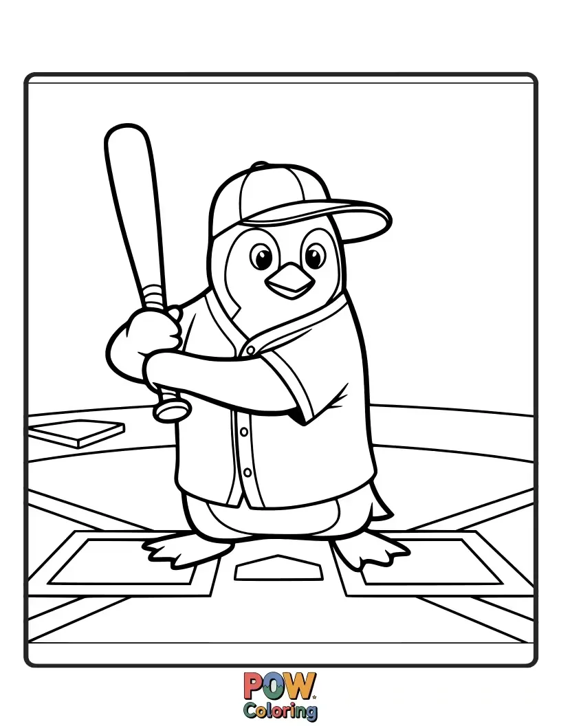 Free coloring page of A cheerful penguin wearing a tiny helmet and batting gloves, enthusiastically swinging a fish-shaped baseball bat.