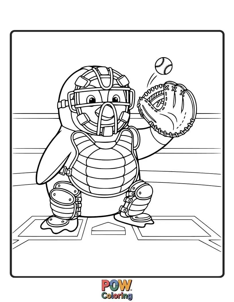 Free coloring page of A dapper penguin in a catcher's mask, comically trying to catch a slippery fish baseball with its flippers.