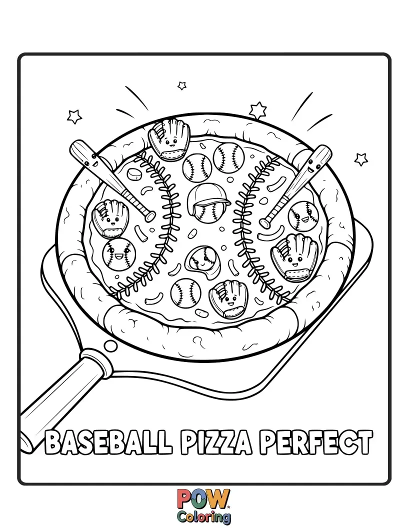 Free coloring page of A pepperoni pizza slice with a baseball cap, sliding into home plate with a determined, cheesy grin and a pepperoni as a ball.
