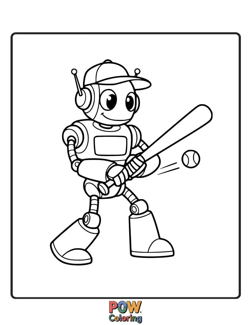 Free coloring page of A friendly, clunky robot with glowing eyes, excitedly swinging a metallic baseball bat at a lightning-bolt shaped baseball.
