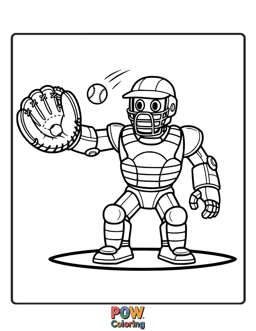 Free coloring page of A futuristic robot catcher with extendable arms and glowing eyes, expertly catching a laser beam baseball.