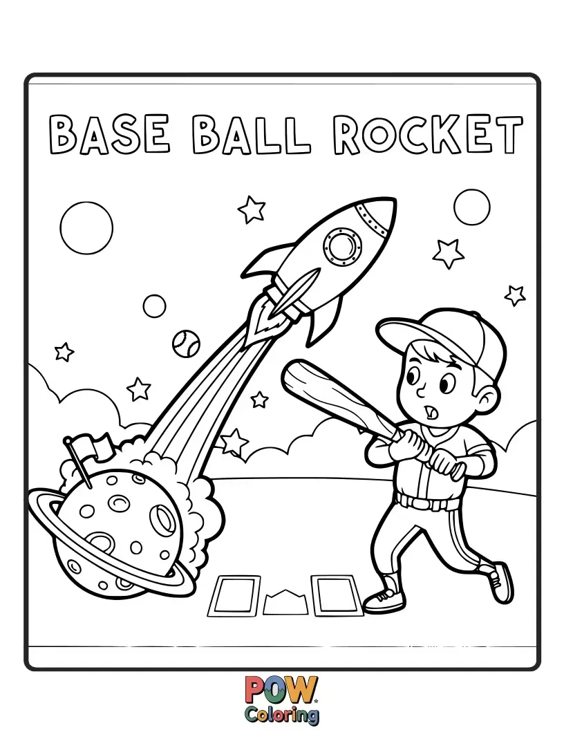 Free coloring page of A miniature rocket ship shaped like a baseball bat, blasting off towards the stars after hitting a spectacular home run.