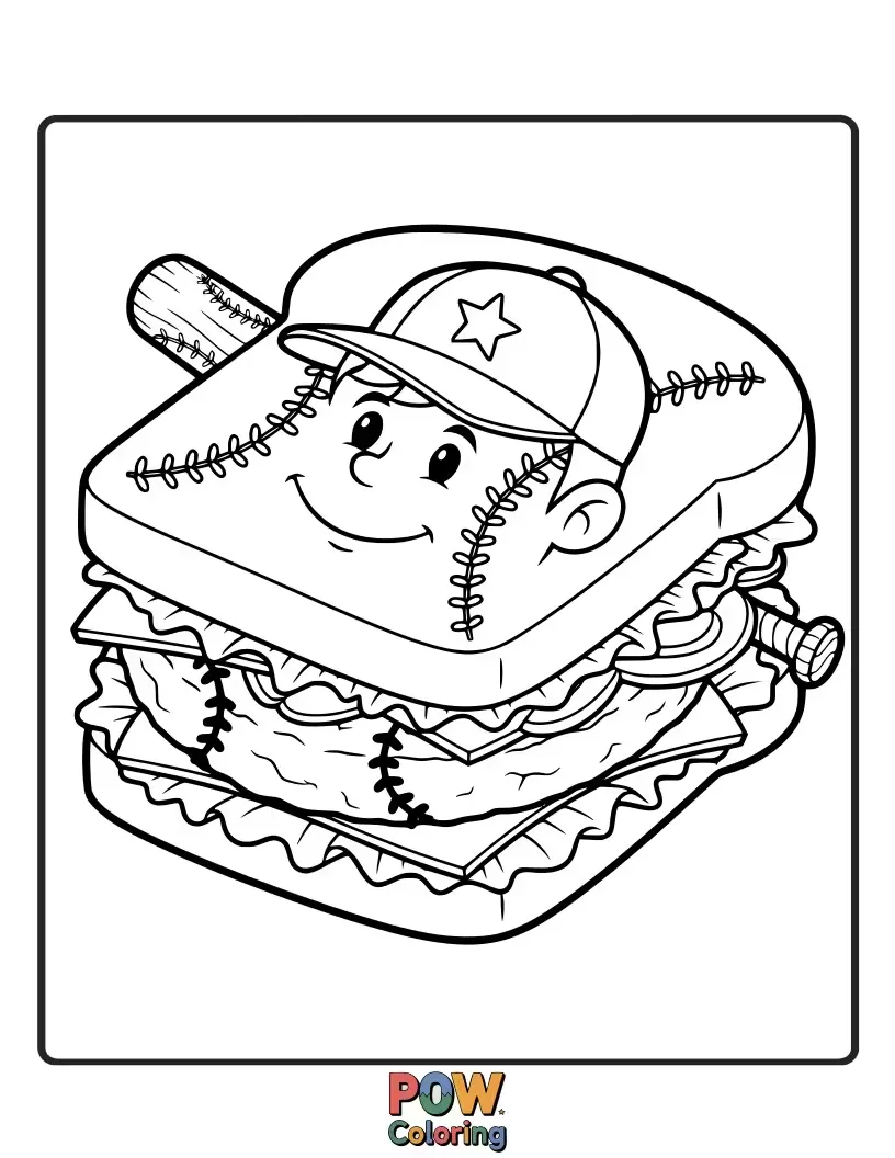 Free coloring page of A delicious-looking sandwich shaped like a baseball, with happy pickle eyes and a smiling jelly mouth, hitting a grand slam with a pretzel bat.