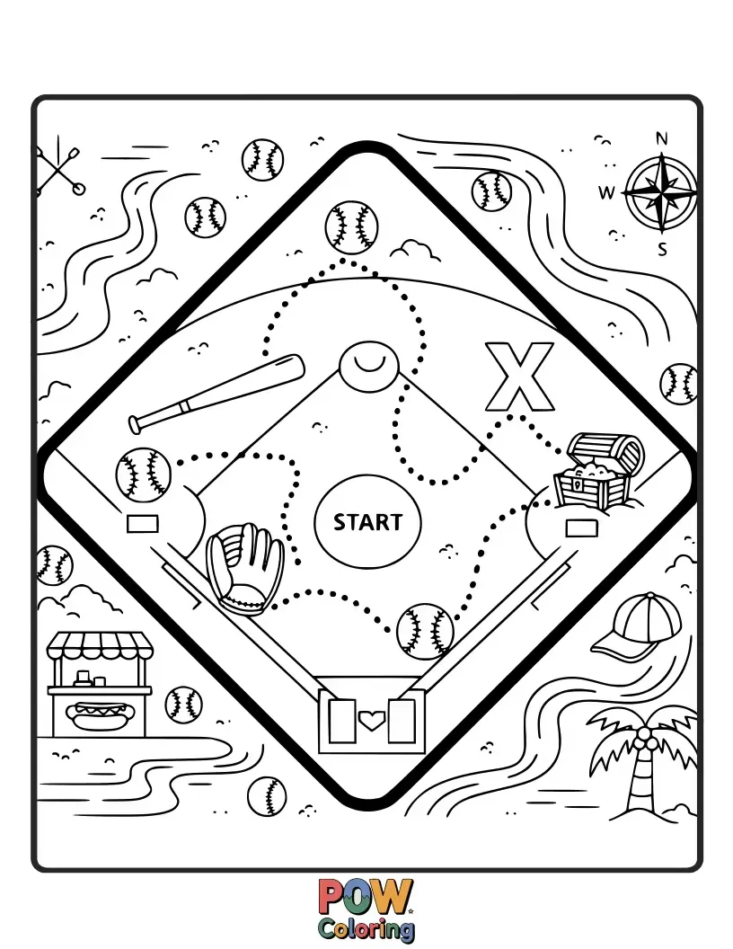 Free coloring page of A baseball diamond outlined like an old treasure map, with an "X" marking home plate and a tiny pirate ship in the outfield.