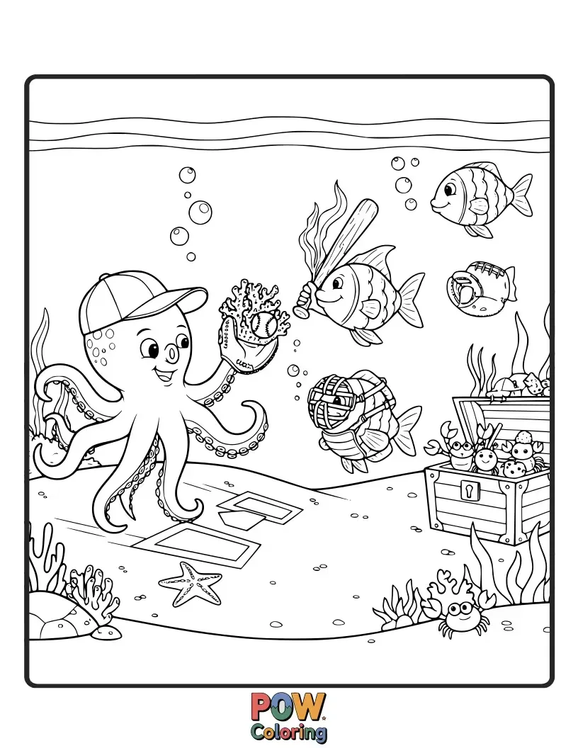 Free coloring page of A whimsical underwater scene where fish and sea creatures play baseball, with coral bases and a pearl baseball.