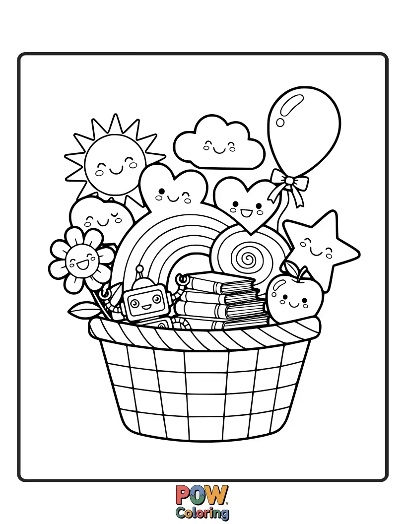 Free coloring page of An overflowing Easter basket filled with painted eggs, a cuddly lamb, and spring flowers.