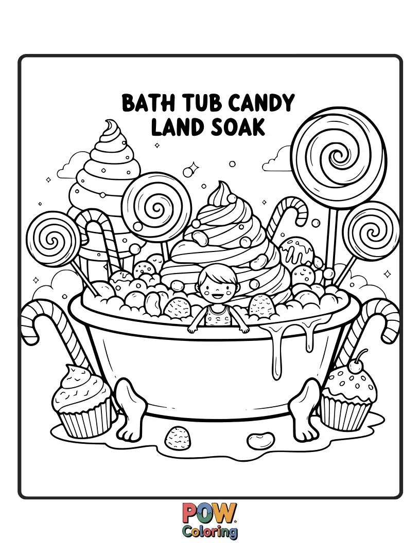 Free coloring page of Sweet dreams and sweet baths! This bathtub is decorated with candy canes, lollipops, and gumdrops.