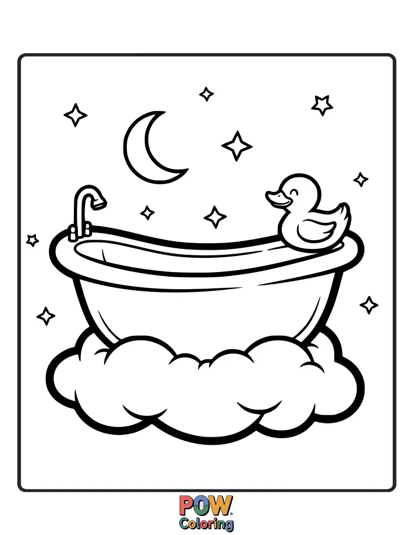 Free coloring page of This bathtub is actually a fluffy cloud, gently floating in a sky filled with soft, cotton-like shapes.