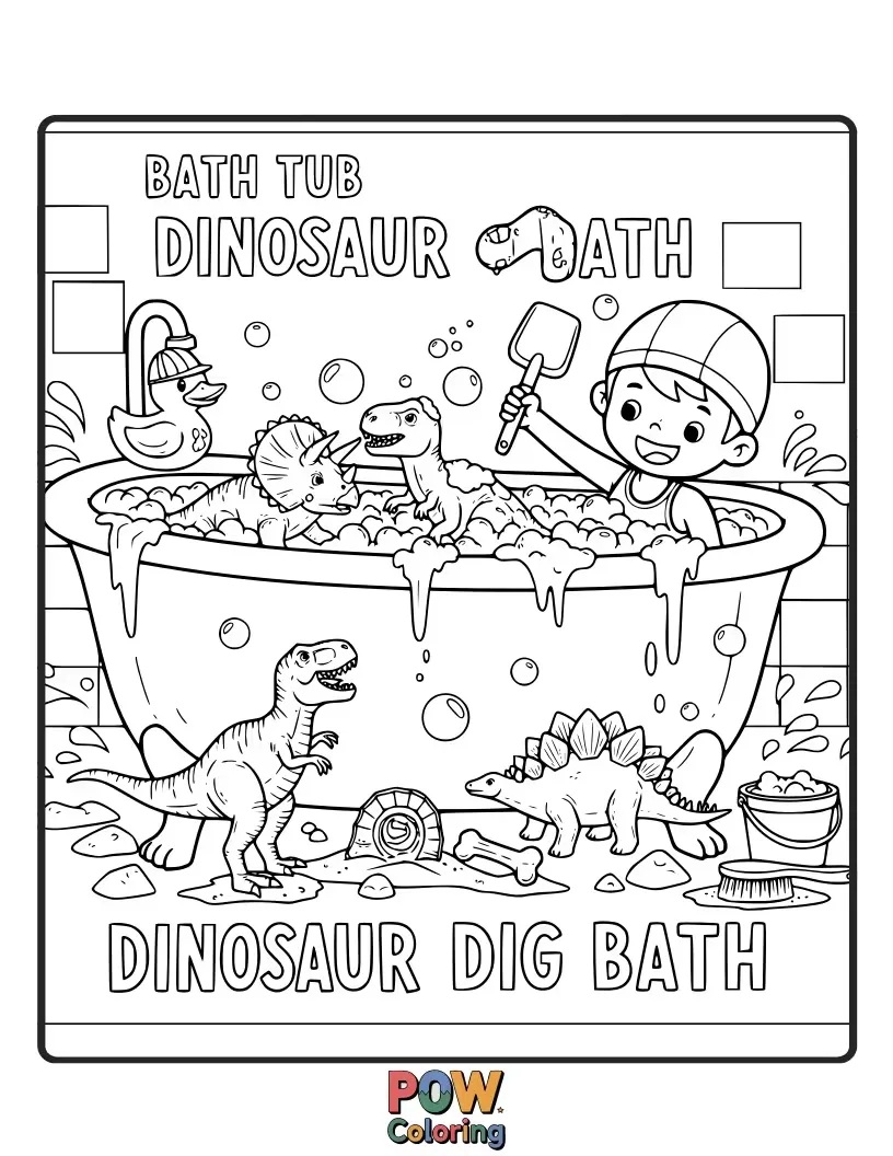 Free coloring page of Roar-some fun! Little dinosaurs are exploring and playing in this bathtub, which looks like a prehistoric playground.