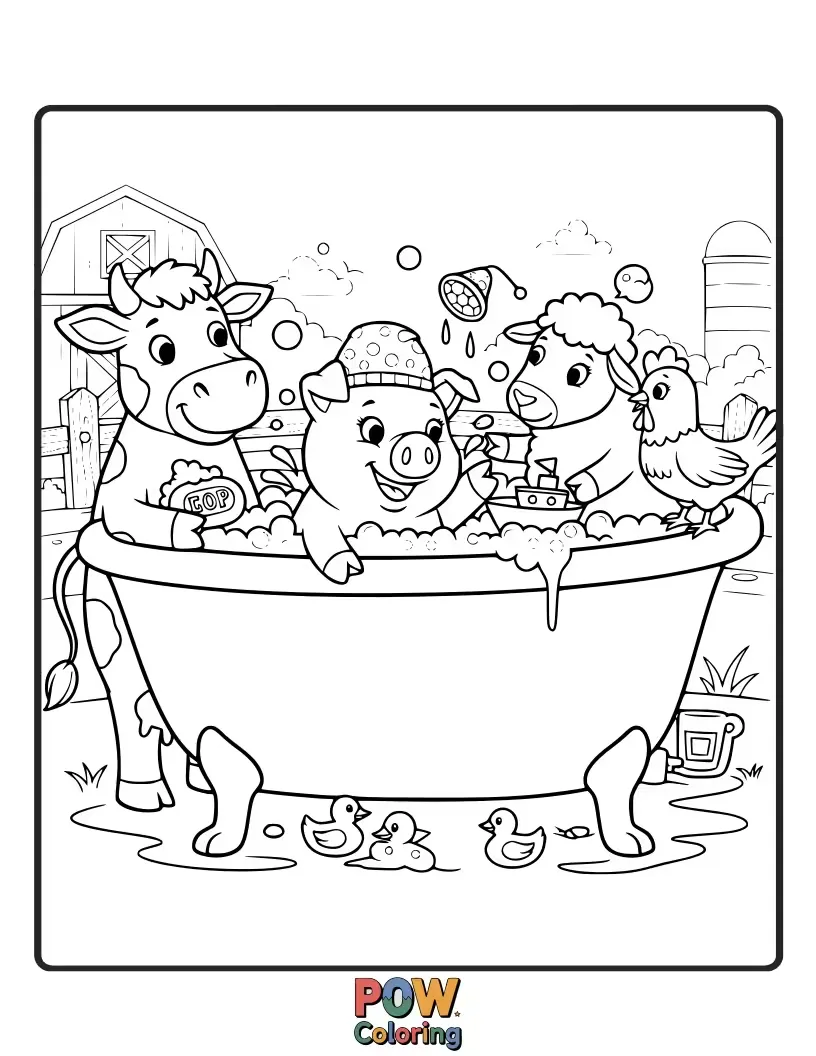 Free coloring page of Moo-ve over for bath time! Cute farm animals are enjoying a splashy party in this delightful bathtub.
