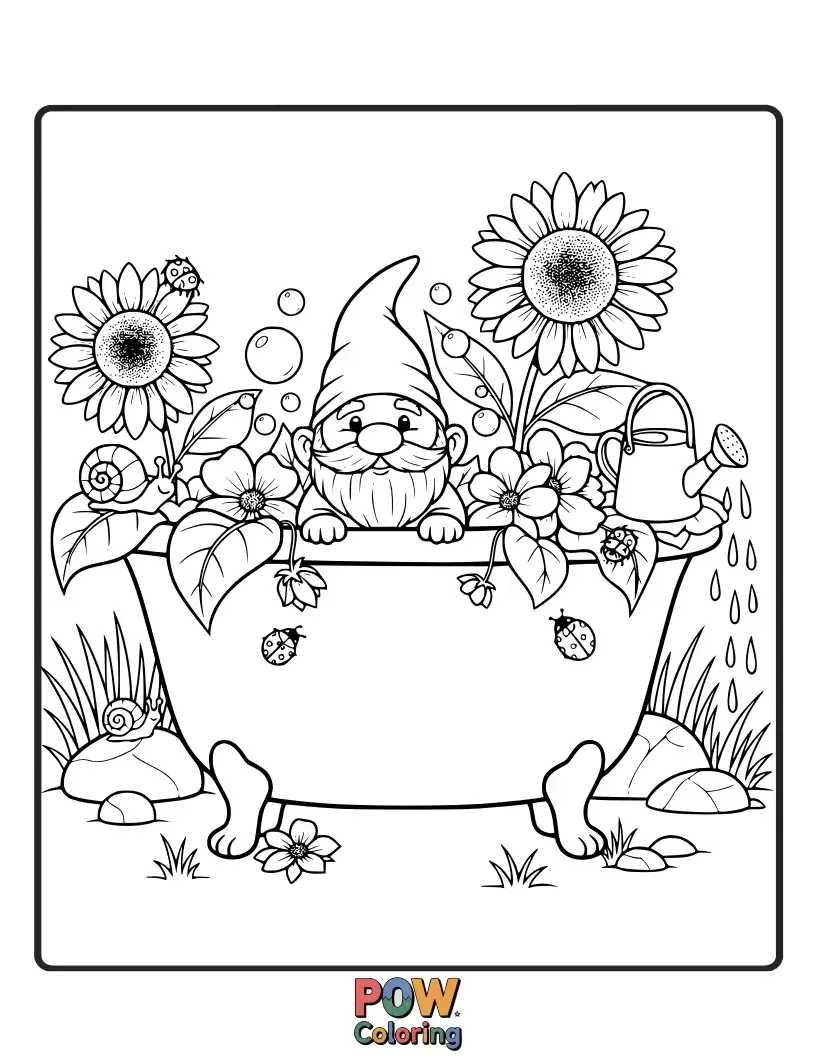 Free coloring page of A tiny, charming bathtub nestled within a miniature garden, with mushrooms and flowers blooming around it.