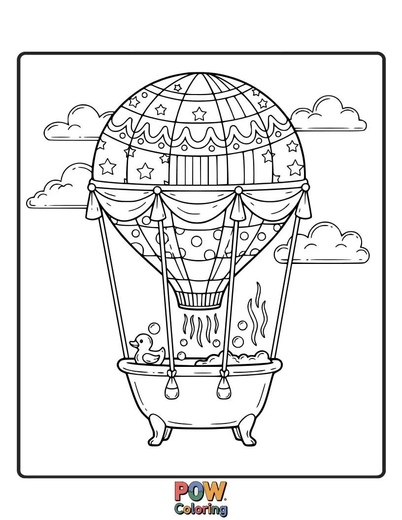 Free coloring page of Soar to new heights of fun! This bathtub is a colorful hot air balloon, ready for a bubbly journey.
