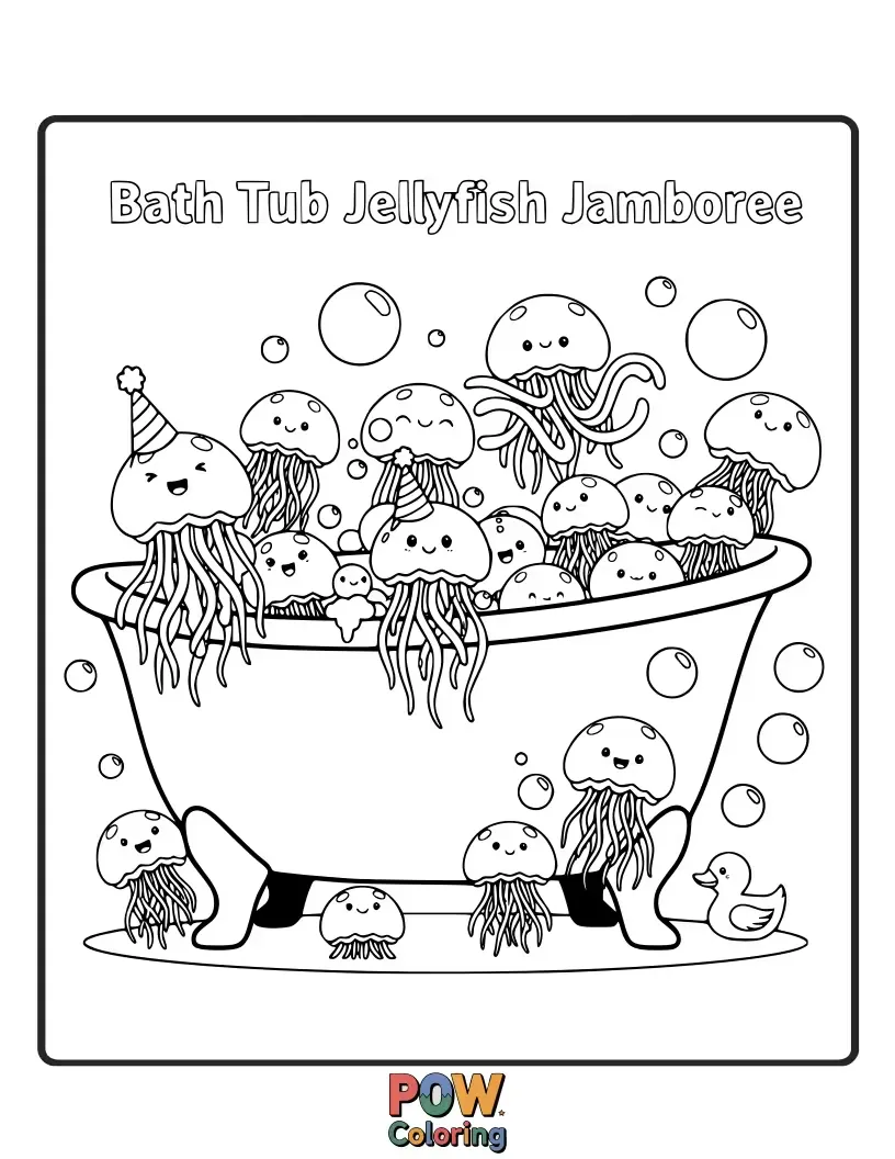 Free coloring page of Dive deep into a colorful undersea party with friendly, glowing jellyfish floating around the bathtub.