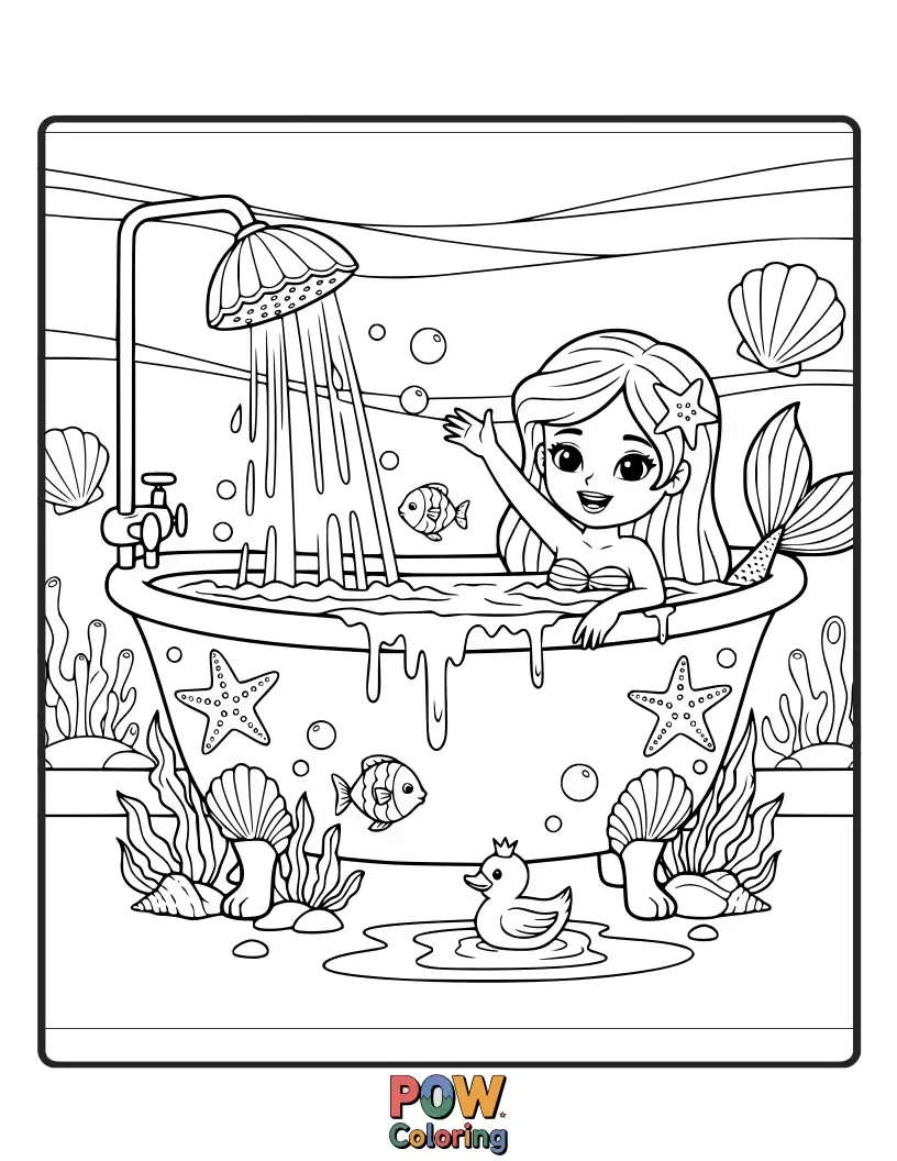 Free coloring page of Enter a magical underwater world! This bathtub resembles a mermaid's grotto with shells and shimmering scales.