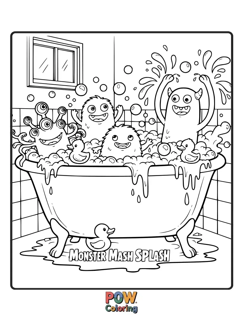 Free coloring page of Friendly, cute monsters are having a bubbly blast in this fun, playful bathtub. Get ready for monster fun!