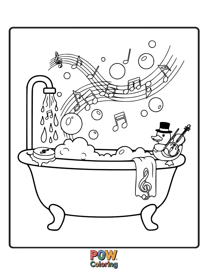 Free coloring page of Let the tunes flow! This bathtub is adorned with musical notes and instruments, perfect for a singing bath.