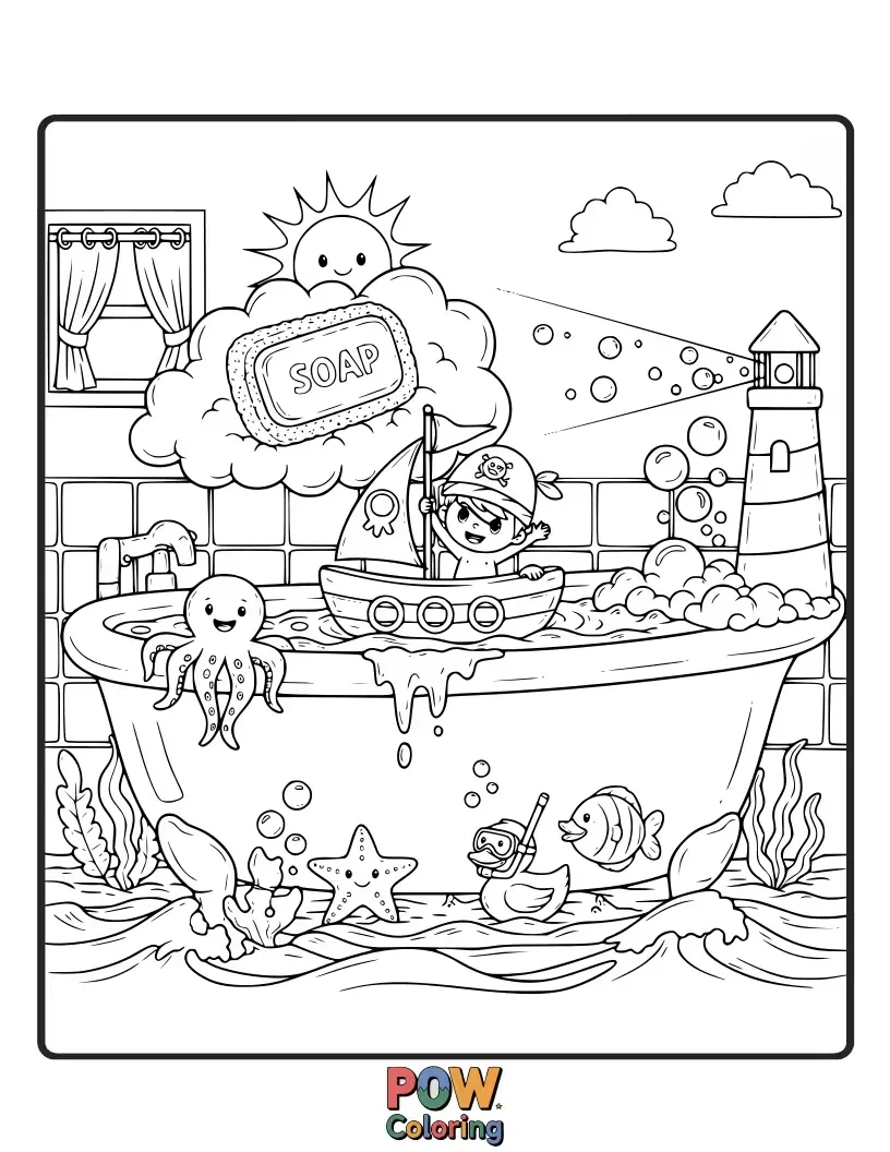 Free coloring page of Dive into imagination! This bathtub transforms into a mini ocean scene with friendly fish and playful waves.