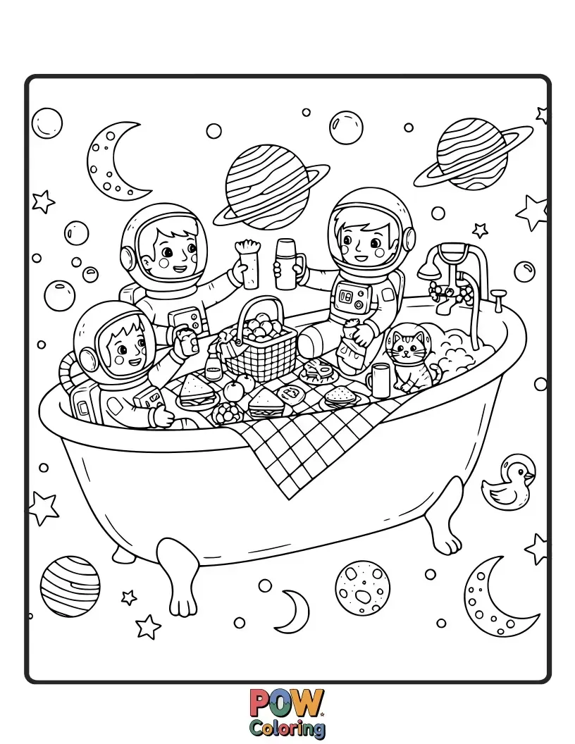 Free coloring page of A cosmic picnic awaits! This bathtub is a spaceship enjoying a starry picnic among the planets.