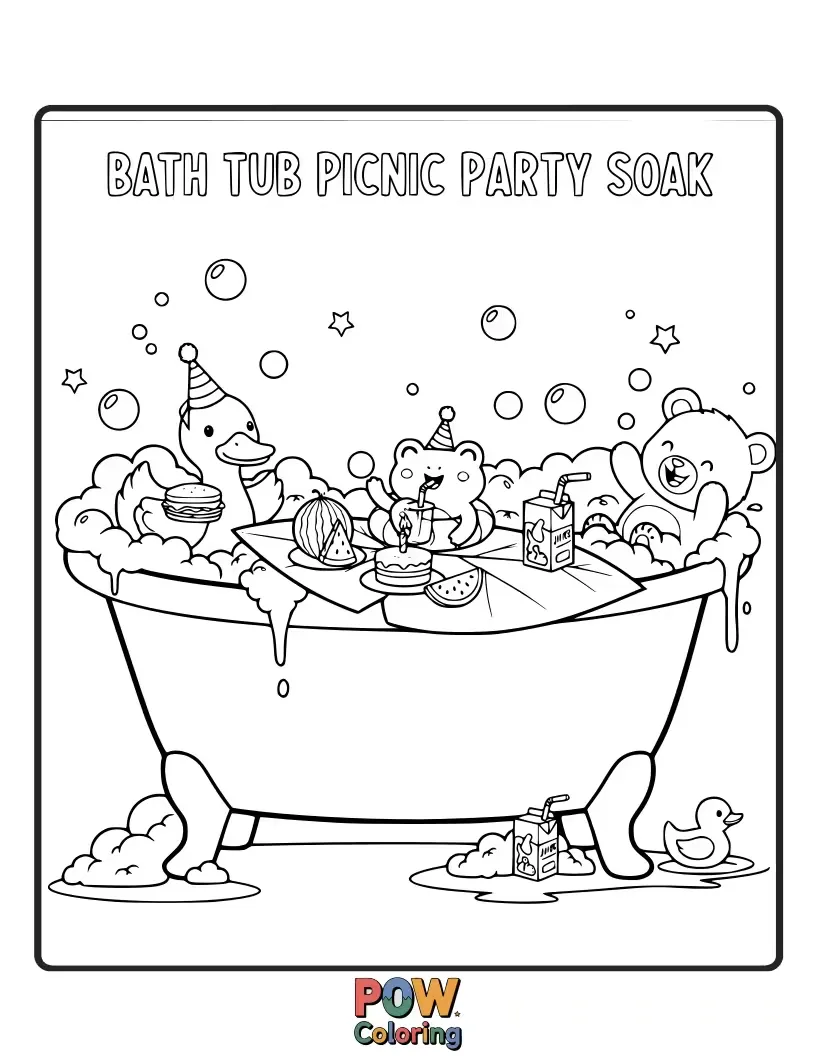 Free coloring page of Who says you can't have a picnic in the tub? This bathtub is set up for a delightful watery picnic.