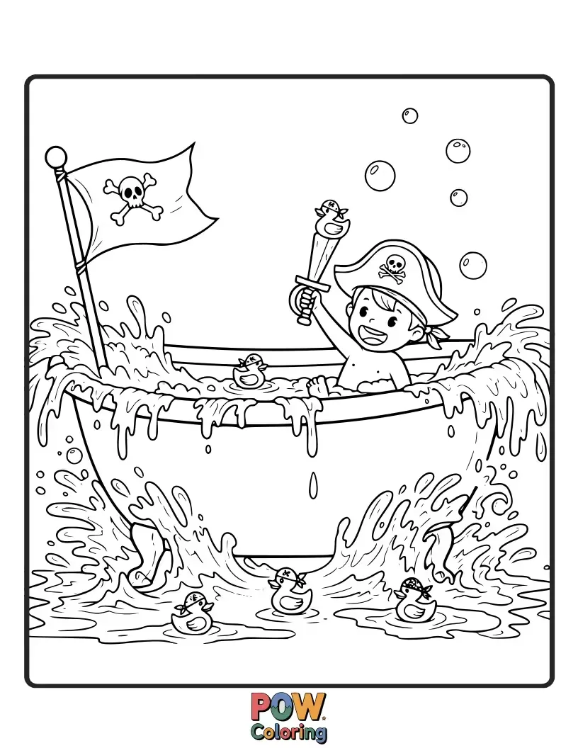 Free coloring page of Ahoy, mateys! This bathtub is a pirate ship, ready for a treasure hunt adventure on the bubbly seas.