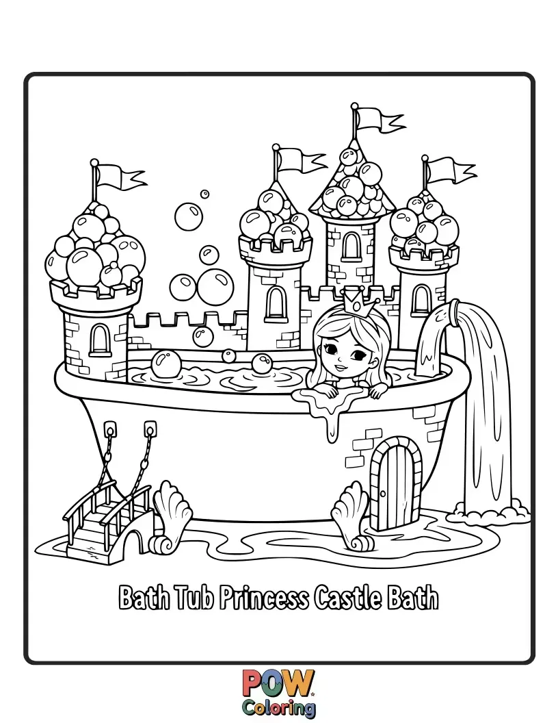 Free coloring page of Fit for royalty! This bathtub is designed like a beautiful, miniature princess castle with turrets and flags.