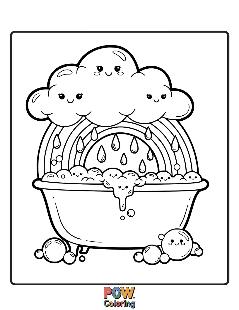 Free coloring page of A fluffy cloud-shaped bathtub adorned with a vibrant rainbow, making bath time feel like a dream.