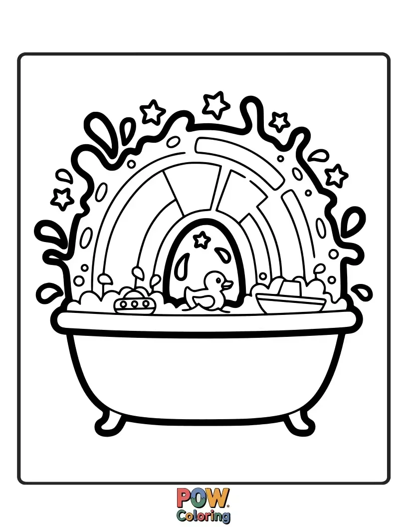 Free coloring page of A vibrant bathtub from which a colorful rainbow arcs, with playful water droplets creating tiny rainbows.