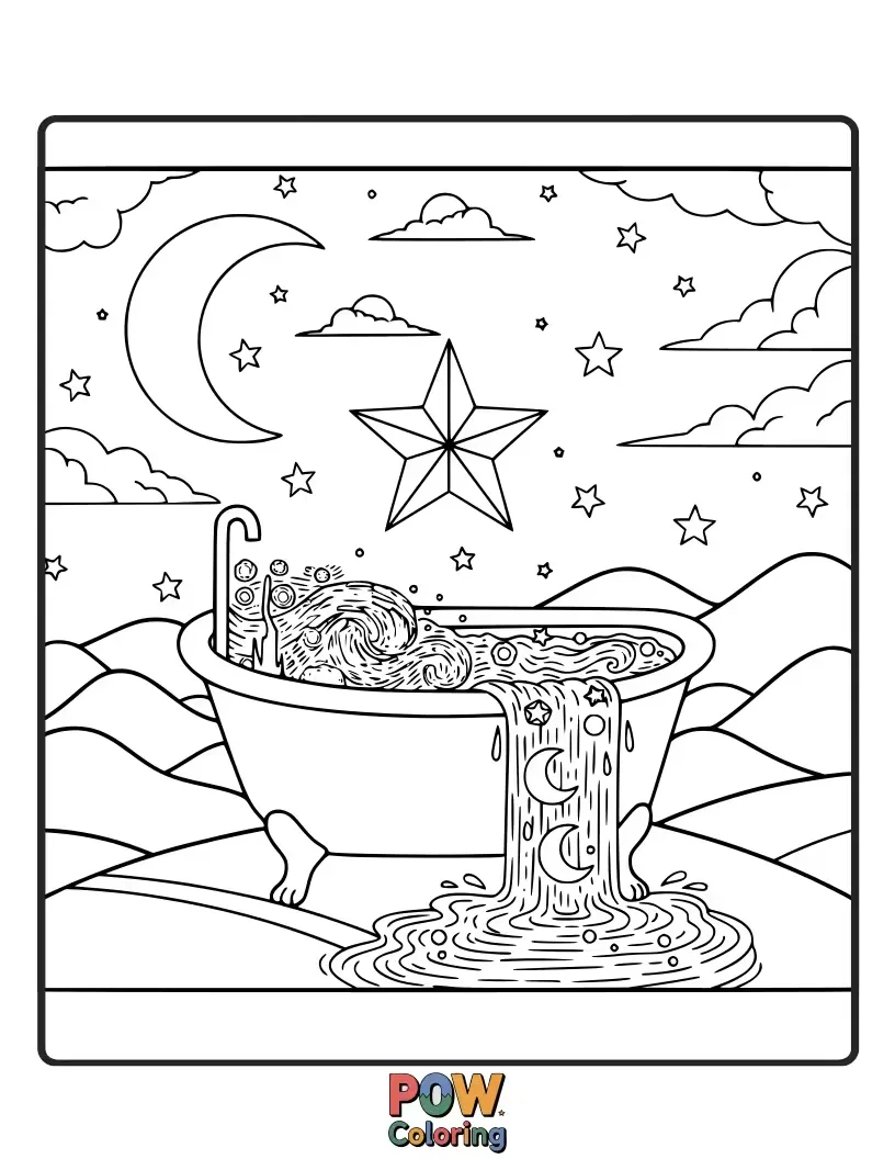 Free coloring page of Imagine bathing under the stars! This bathtub features a starry sky inside, with crescent moons and twinkling lights.