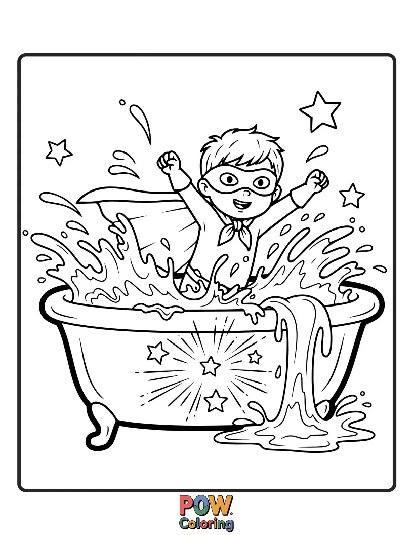 Free coloring page of Saving the day one bath at a time! This superhero-themed bathtub is ready for action and bubbles.