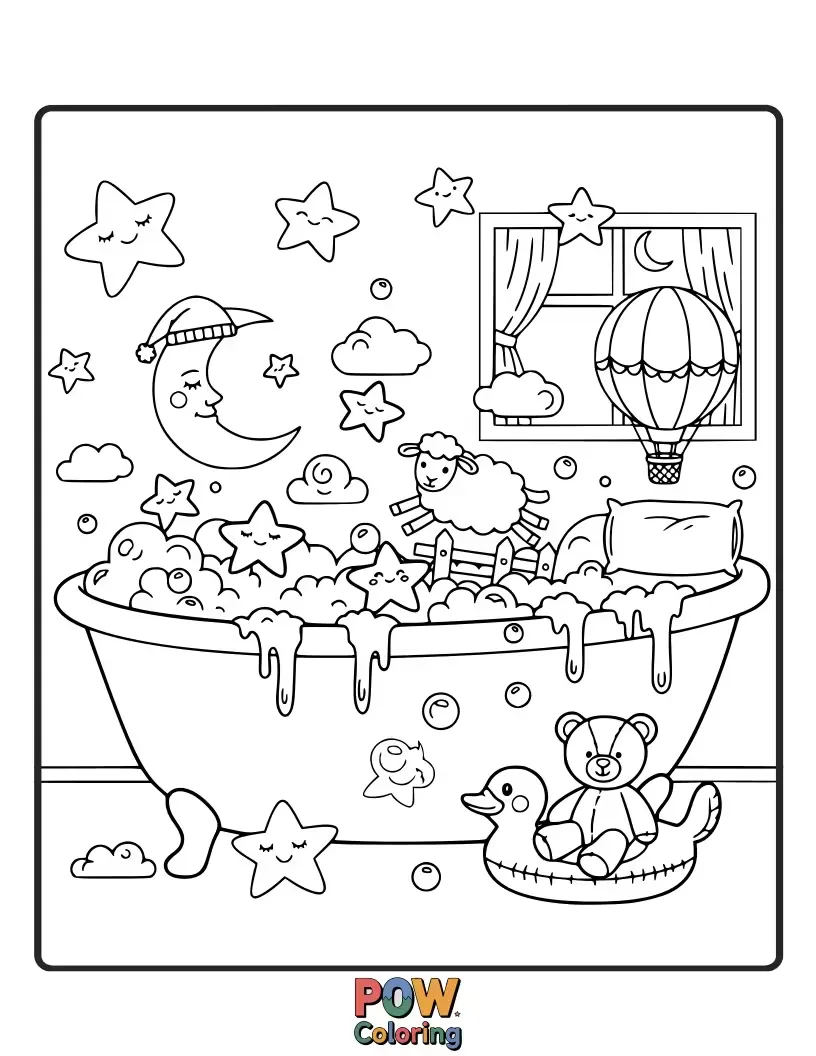 Free coloring page of drift off to dreamland with this serene bathtub, featuring soft stars and gentle waves for ultimate relaxation.