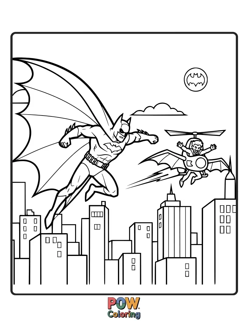 Free coloring page of Batman in mid-air, chasing a fleeing villain across rooftops.