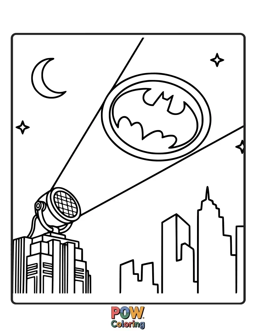 Free coloring page of Batman silhouetted against a brightly lit Bat-Signal piercing the Gotham night sky.