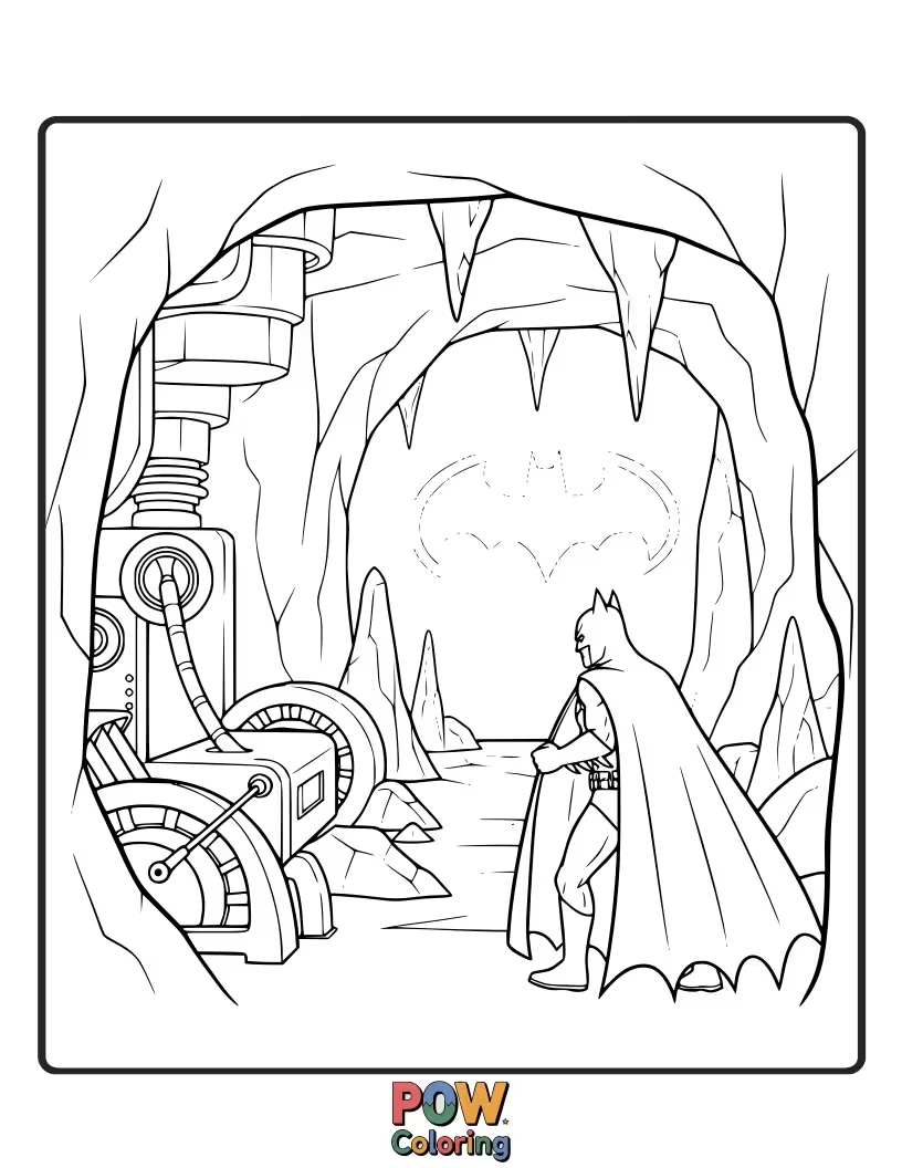 Free coloring page of Batman standing in his high-tech Batcave, surrounded by gadgets and displays.