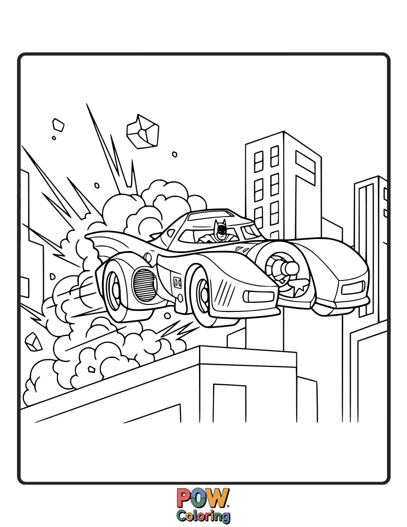 Free coloring page of Batman speeding through Gotham streets in his iconic Batmobile, leaving a trail.