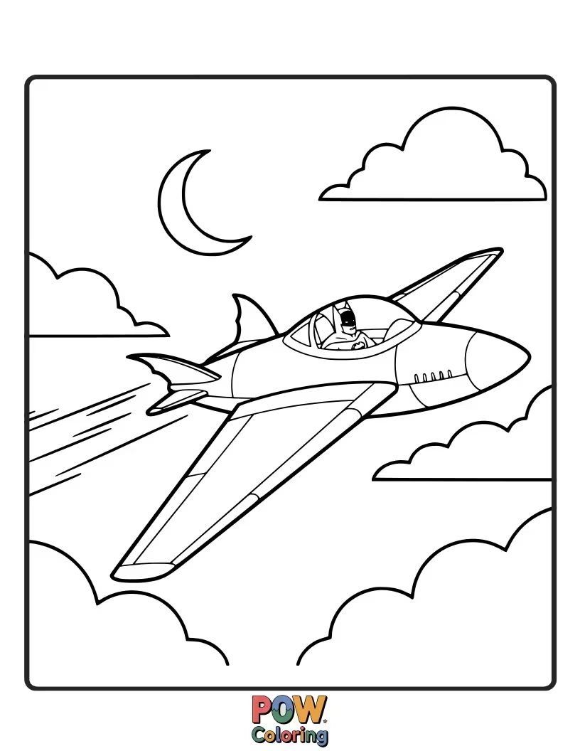 Free coloring page of Batman piloting his sleek Batplane through the night sky over Gotham.