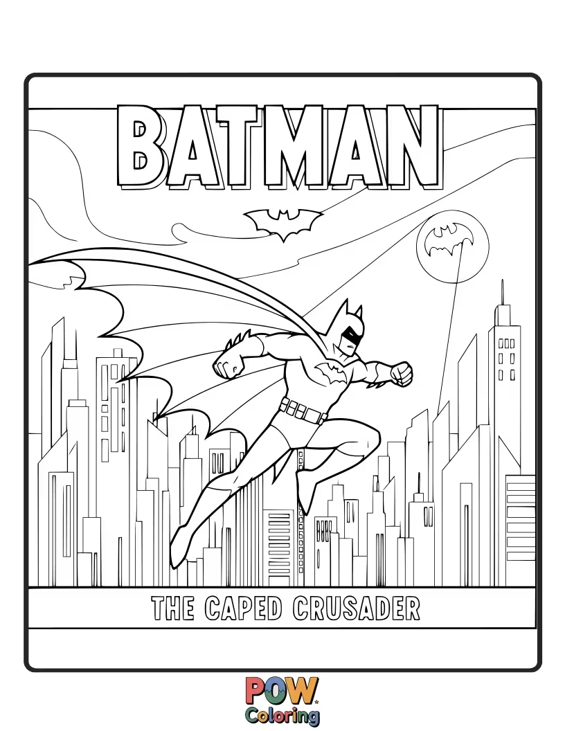 Free coloring page of A classic comic book cover style illustration of Batman in action.