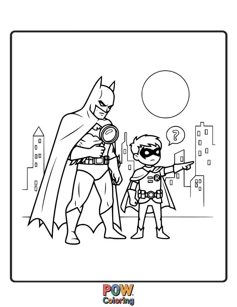 Free coloring page of Batman and Commissioner Gordon working together, exchanging crucial information.